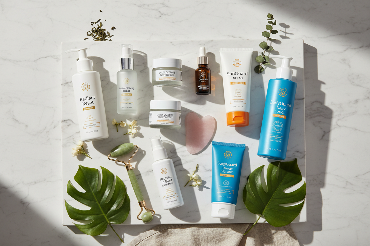 Advanced Daily Skin Protection Routine Using Facial Care, Sunscreens & Body Care, and Skin Care Tools