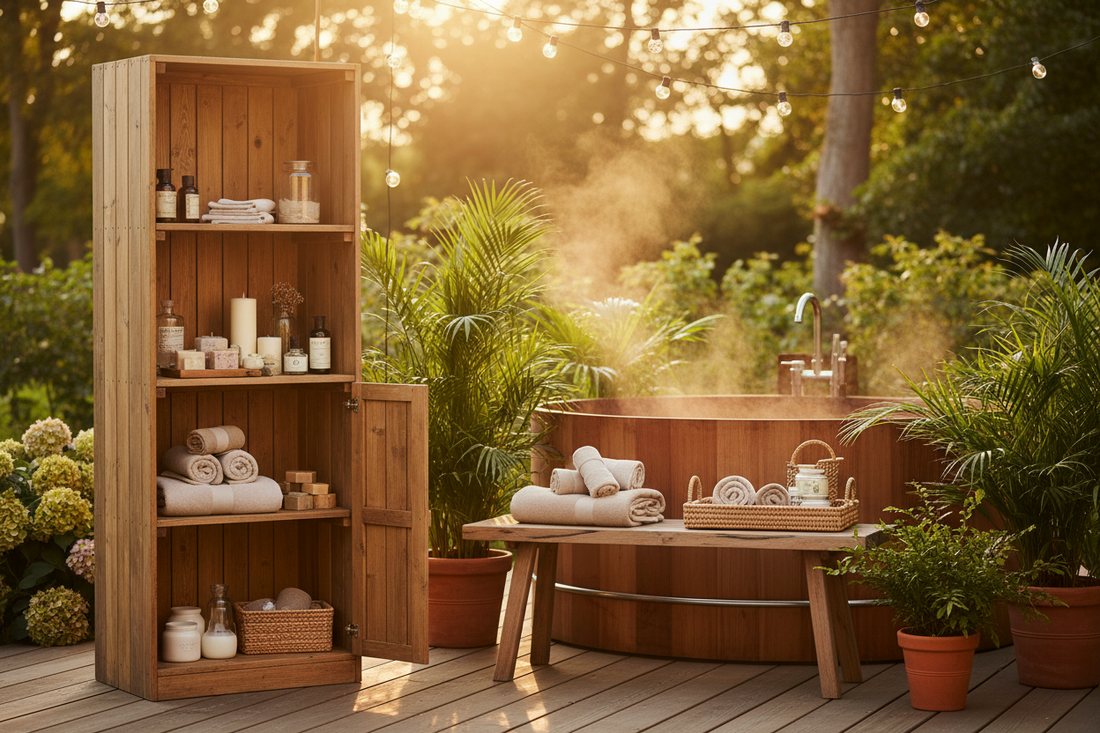 Relaxing Backyard Retreats Using Outdoor Storage & Housing, Towels, and Bathing Essentials