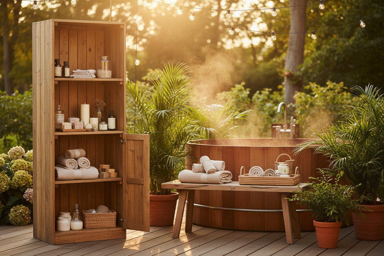 Relaxing Backyard Retreats Using Outdoor Storage & Housing, Towels, and Bathing Essentials