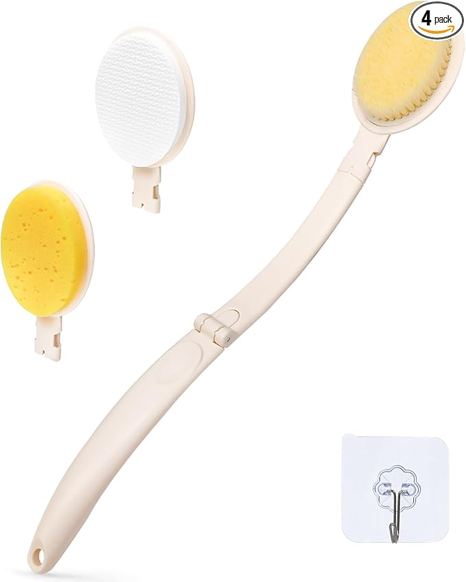 LFJ 19" Long Handle Shower Sponge Brush Set, 3 in 1 Body Brush, Bath Sponge and by LFJ