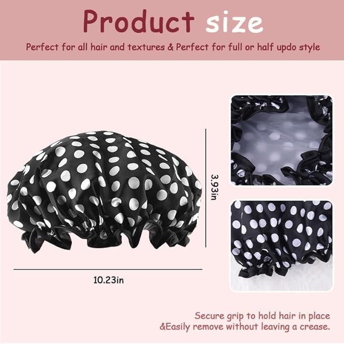 Polka Dot Shower Caps for Women Reusable Waterproof Satin Lined Bathing Caps - Image 2