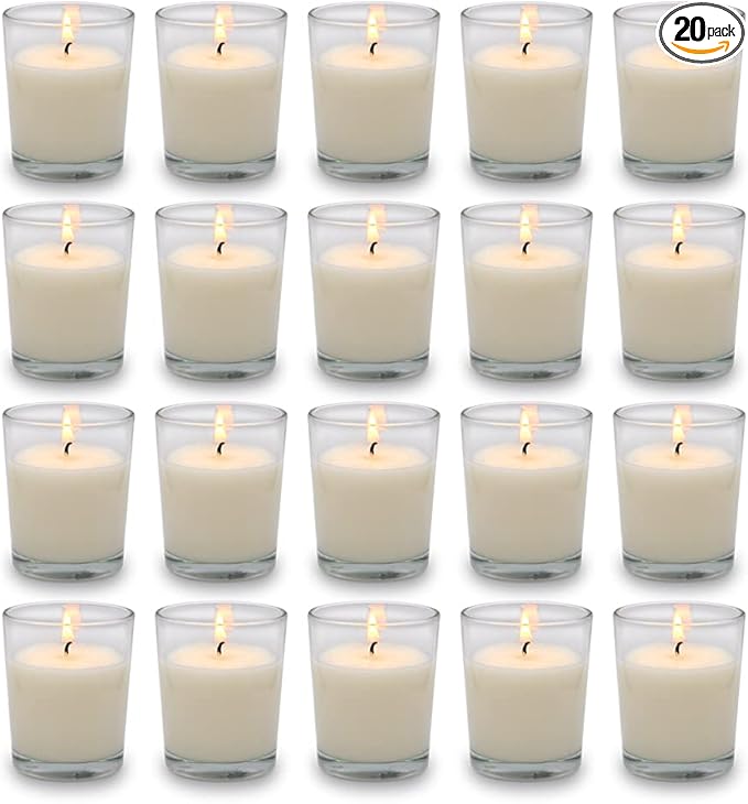 Set of 20 White Votive Candles Clear Glass Filled Unscented Soy Wax Candle by BERYSCEN