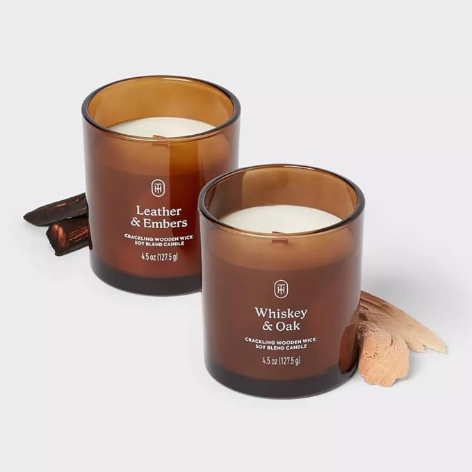Threshold Leather & Embers and Whiskey & Oak Scented Amber Glass Jar Candles - Image 3
