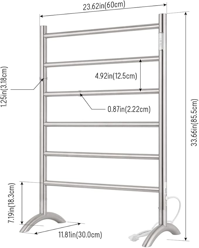 Freestanding Towel Warmer 6 Bars Plug-in Option 3 Working Modes Brushed - Image 6