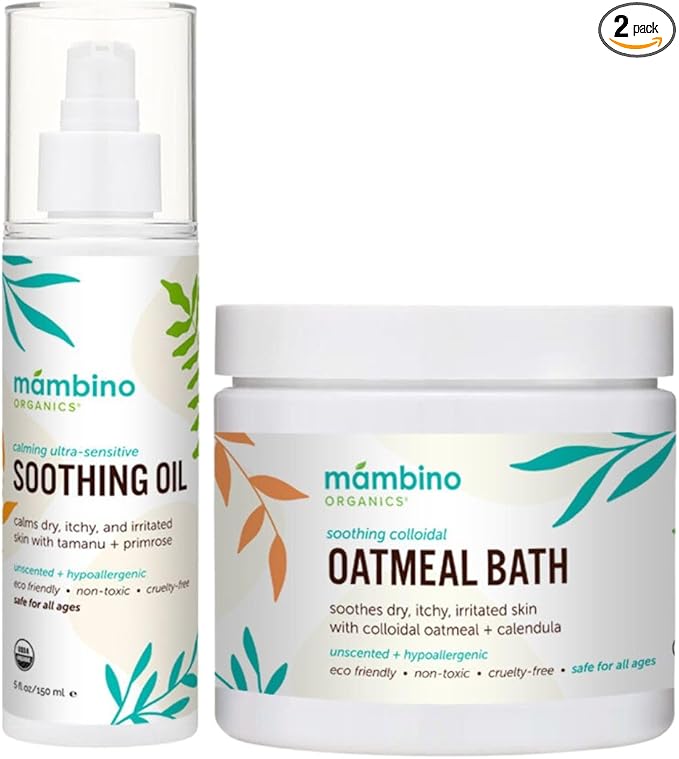 Mambino Organics Calming Skin Set, Oatmeal Bath Soak Powder & Soothing Body Oil by MambinoOrganics