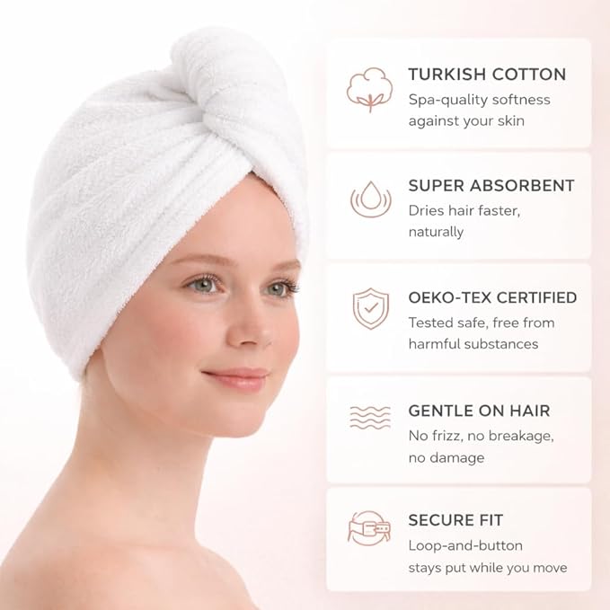 100% Turkish Cotton Hair Towel Wrap 2 Pack – Oeko-TEX Certified Quick Dry Turban - Image 3