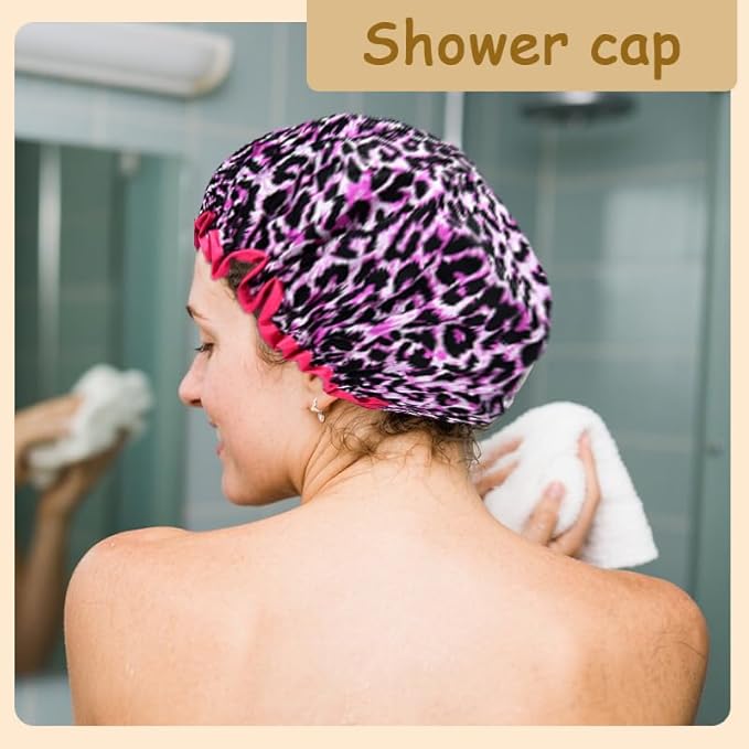 Womens Pink Leopard Print Shower Caps - Image 4