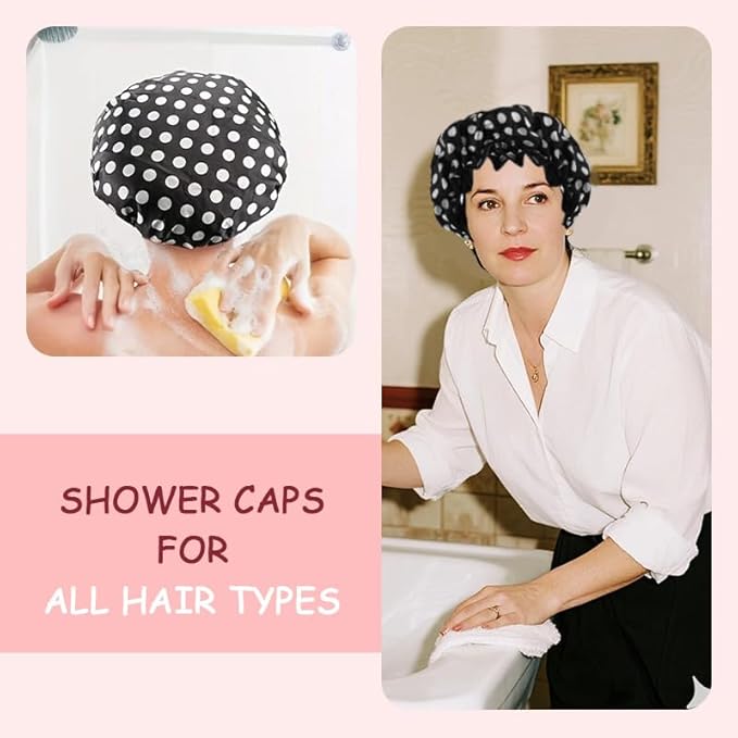 Polka Dot Shower Caps for Women Reusable Waterproof Satin Lined Bathing Caps - Image 3