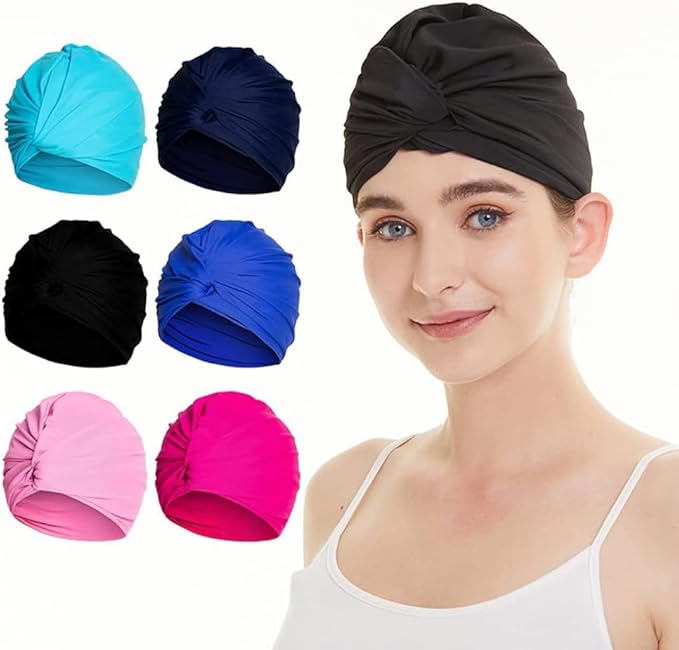 Pleated Fabric Swimming Cap Women Ladies Long Hair Swim Cap Ear Protecting - Image 5
