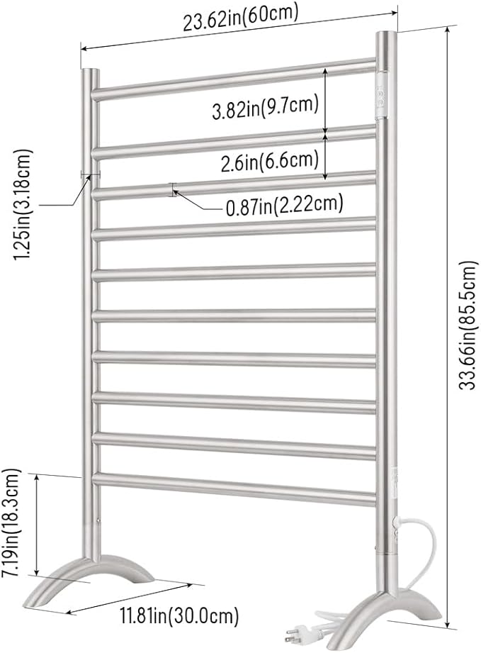 Freestanding Towel Warmer 10 Bars Plug-in Option 3 Working Modes Brushed - Image 7