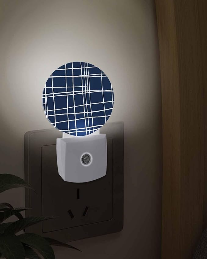 Night Lights Auto Sensor Navy Blue Checked Plaid Night Light Minimalist Grid - Image 3