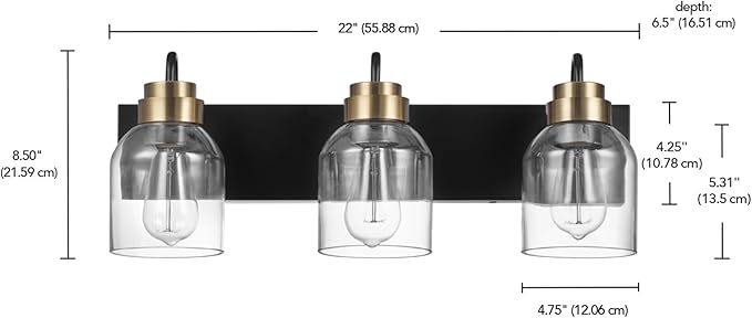 Globe Electric 63000200 22" 3-Light Vanity Light, Matte Black, Matte Brass - Image 8
