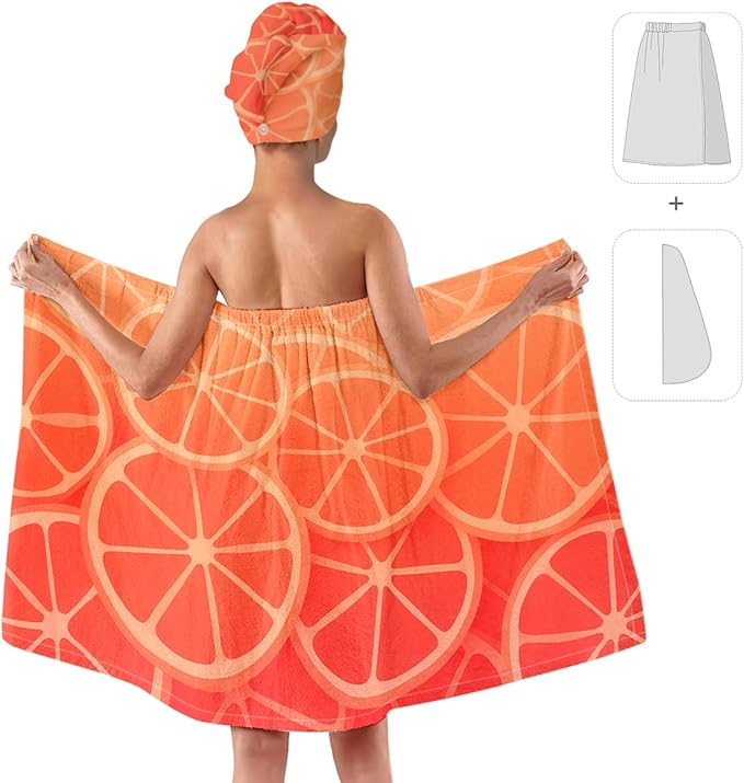 Women’s Citrus Towel Wrap and Hair Turban Set – Orange Fruit Bath Wrap Skirt - Image 2
