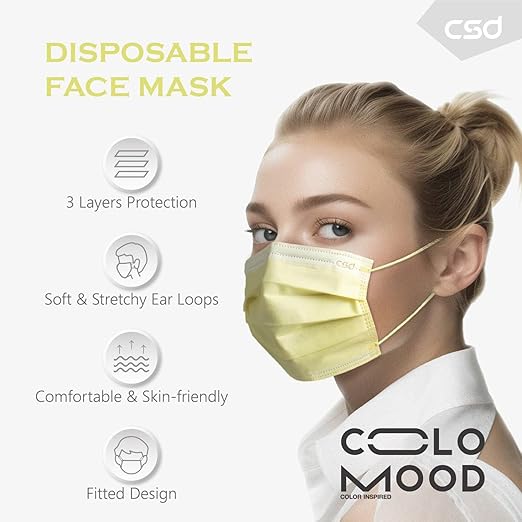 CSD Colo 30 Pcs Yellow Disposable Face Masks, 3 Ply Adult Mask - Image 3