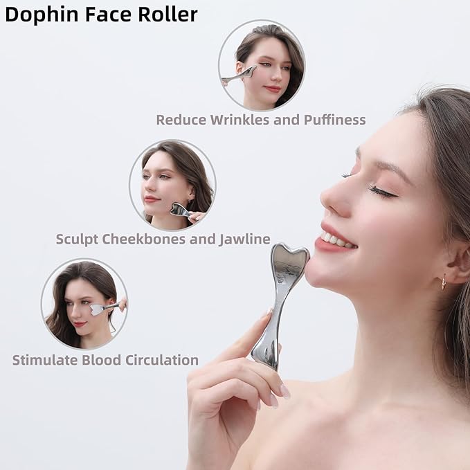 pfefe Stainless Steel Gua Sha & Face Roller, 3-in-1 Dolphin Facial Roller - Image 3