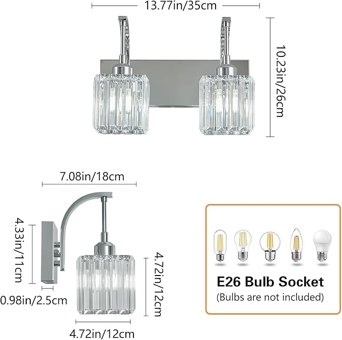 Crystal Vanity Lights 2-Light Chrome Wall Lamp Modern Crystal Bathroom Light - Image 4