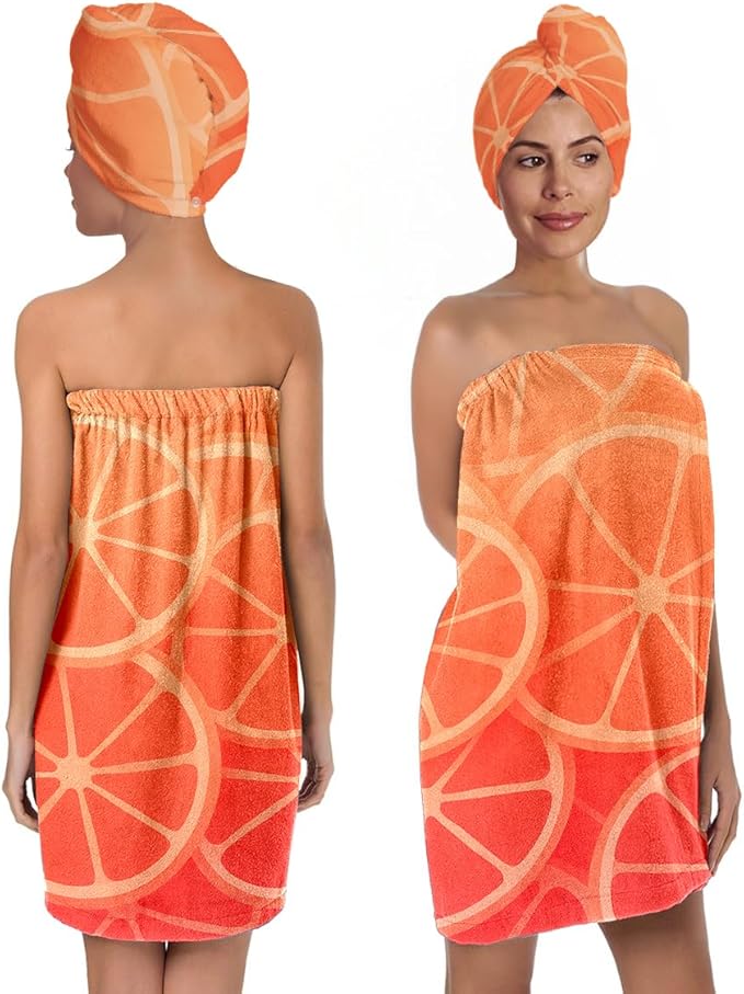 Women’s Citrus Towel Wrap and Hair Turban Set – Orange Fruit Bath Wrap Skirt by QIULIBMH