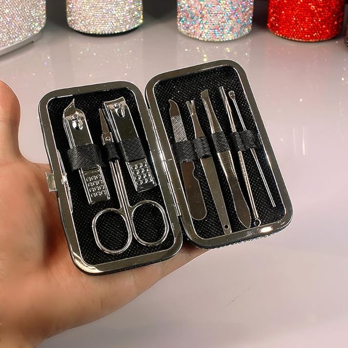 Bling Rhinestone Manicure Set Nail Clippers Pedicure Kit-8 Pieces, Stainless - Image 3