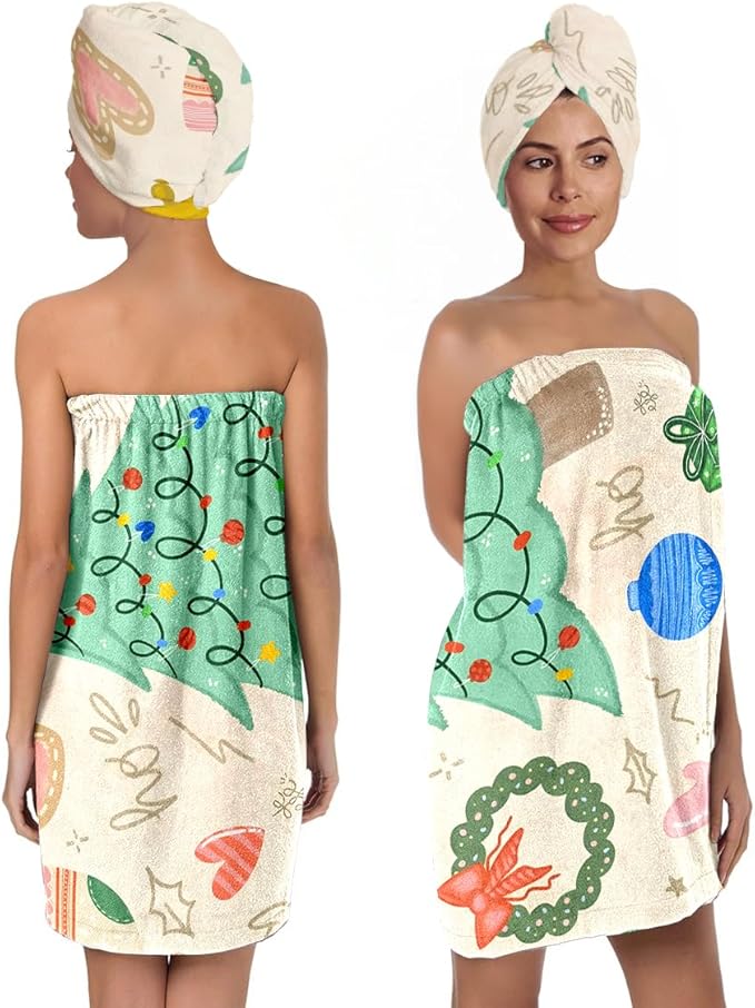 Christmas Bath Wrap and Hair Drying Towel Set – Holiday Shower Skirt by QIULIBMH