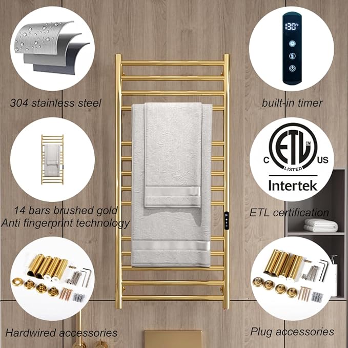 Gold Wall Mounted Heated Towel Rack, Timer & Temperature Control Electric Towel - Image 5