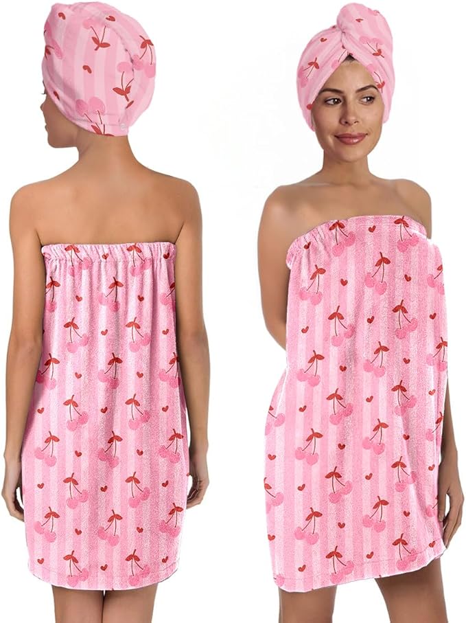 Women’s Pink Cherry Bath Wrap and Hair Towel Set, Soft Absorbent Microfiber by QIULIBMH