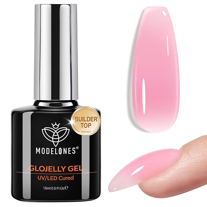 modelones Builder Nail Gel Top Coat, 15 ML No Wipe Ultra Gloss Jelly Pink Gel by MODELONES