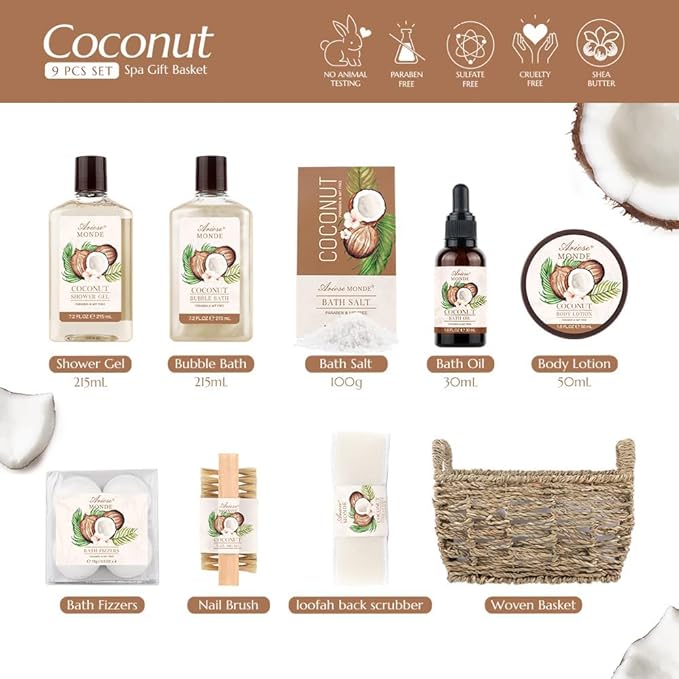 Bath & Shower Spa Basket Gift Set, Coconut Scent, - Image 2
