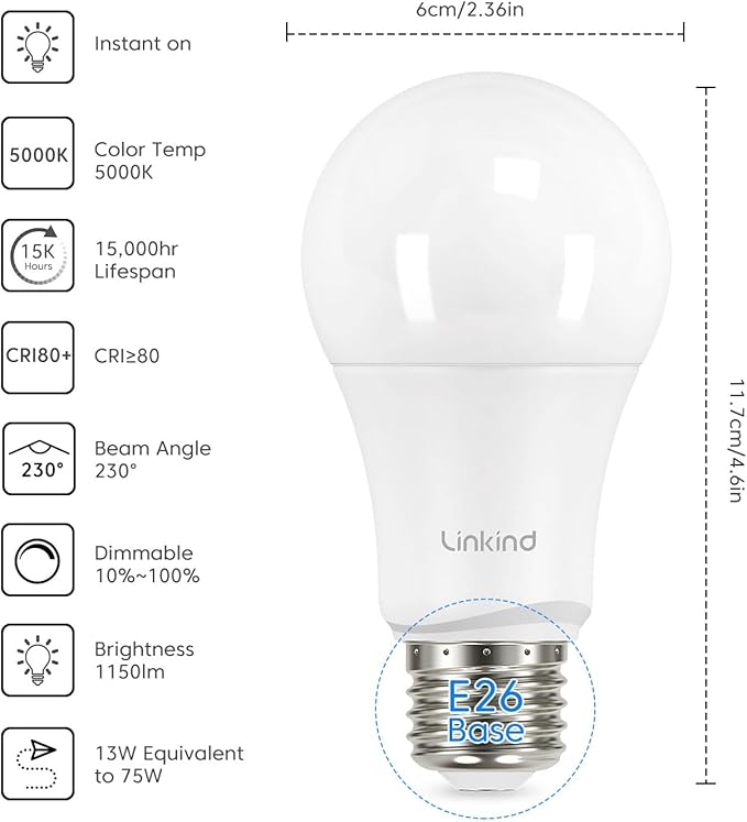 Linkind A19 LED Light Bulbs Dimmable, 75W Equivalent, E26 Base, 5000K Daylight - Image 2