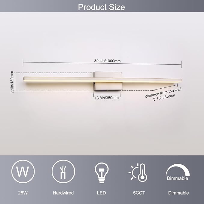 39.4 inch Brushed Nickel Bathroom Vanity Light Bar 5CCT Dimmable Bathroom Light - Image 5