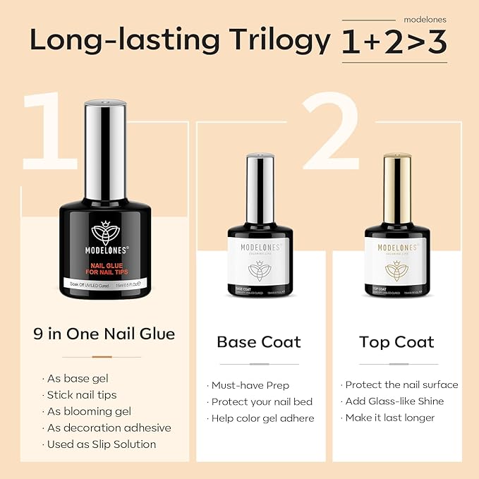 modelones X Gel Nail Glue and Top Base Coat Set, 15ML 3 PCS No Wipe Clear Gel - Image 2