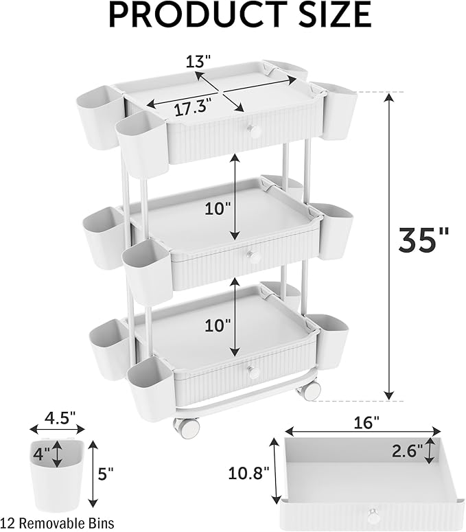 3 Tier Drawer Beauty Cart with 12 Movable Storage Organizer, Thickened ABS & - Image 2