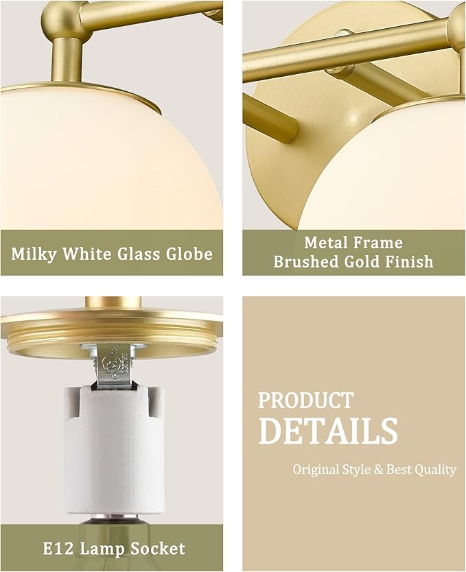 AKEZON Gold Bathroom Light Fixtures, 2-Light Vanity Lights Over Mirror Wall - Image 6