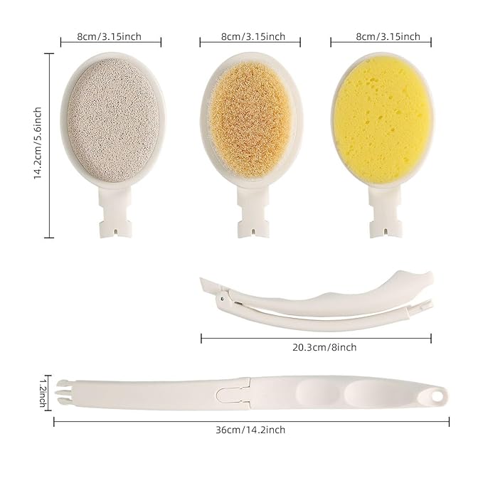 LFJ 19" Long Handle Shower Sponge Brush Set, 3 in 1 Body Brush, Bath Sponge and - Image 2