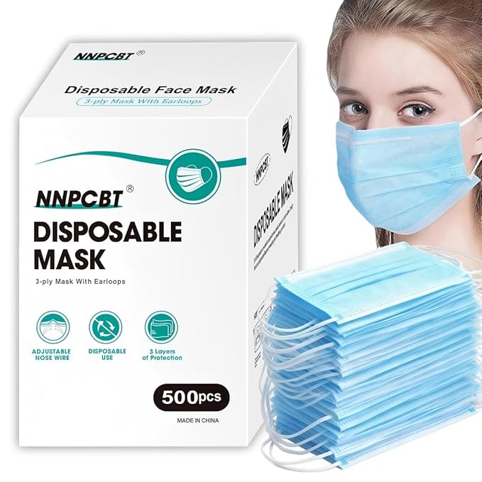 500 Pcs Blue Disposable Face Masks, 3 Ply Face Masks Disposable by NNPCBT