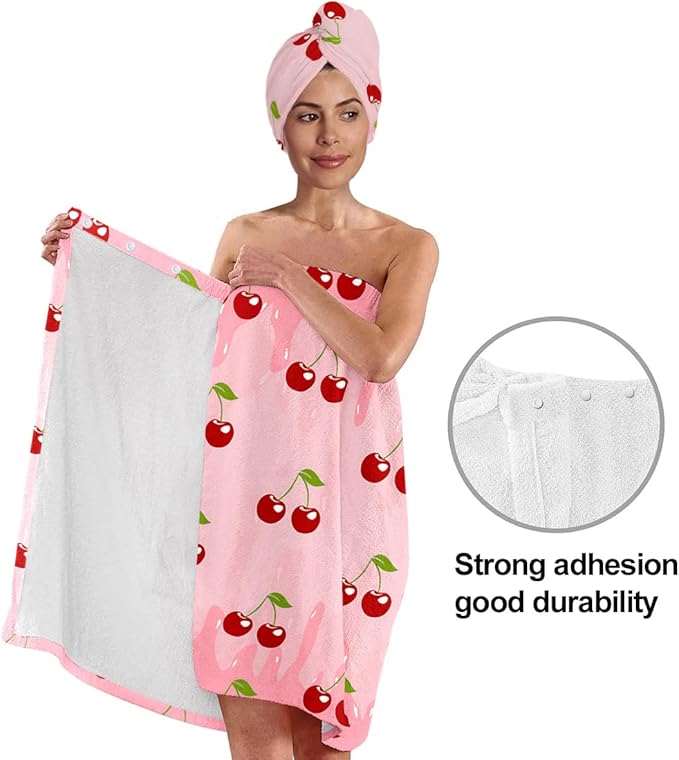 Women’s Cherry Print Bath Wrap and Hair Towel Set, Soft Absorbent Microfiber - Image 4
