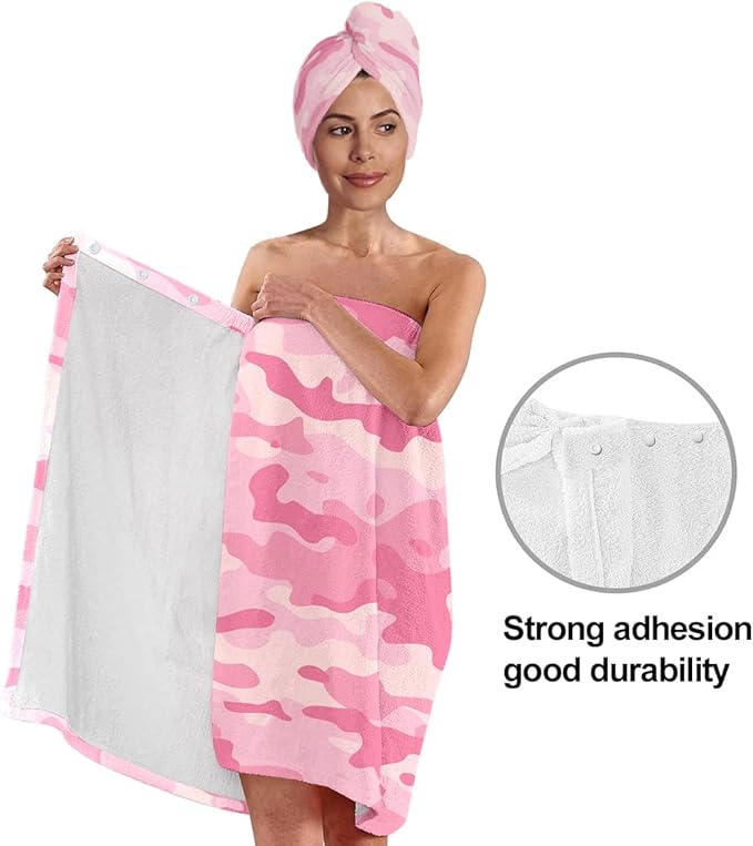 Women's Pink Camo Towel Wrap and Hair Drying Cap Set – Quick Dry Microfiber - Image 4