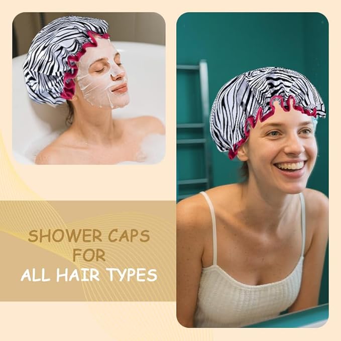 Vintage Zebra Print Shower Cap for Women Reusable Waterproof Large Adjustable - Image 3