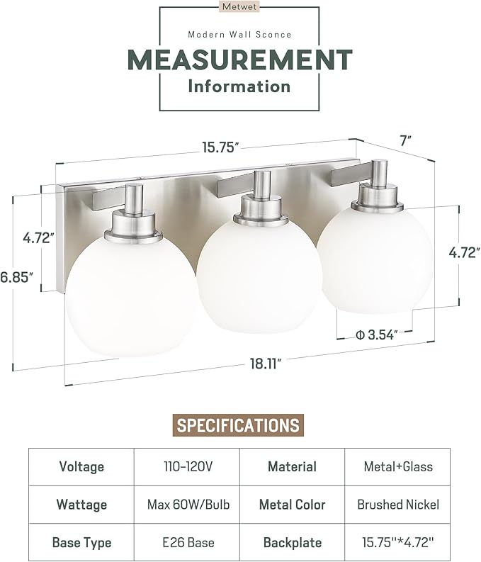 Bathroom Light Fixtures, 3-Light Brushed Nickel Vanity Light, Modern Wall - Image 3