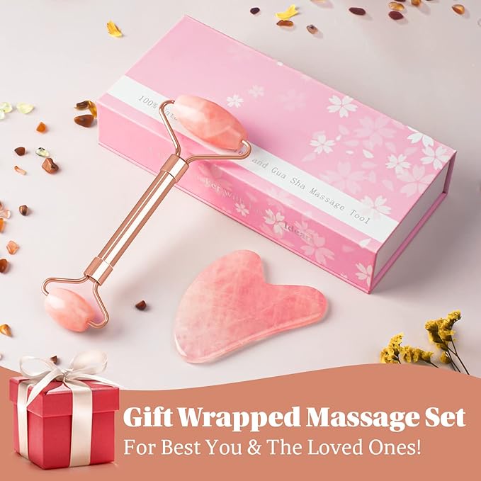 Jade Roller & GuaSha Set-Facial Beauty Roller Skin Care Tools, Rose Quartz - Image 5