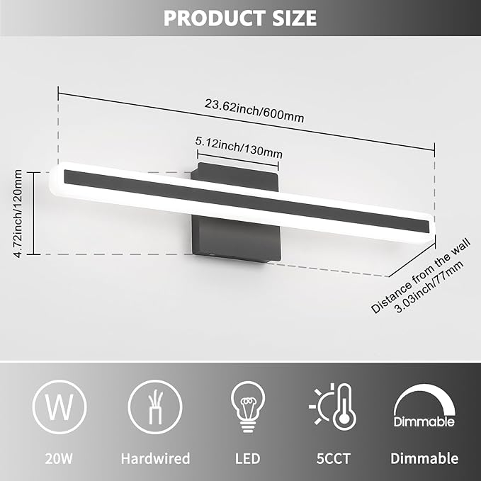 JUSHENG Black Vanity Lights for Bathroom, 24 Inch 20W 5CCT Dimmable Bathroom - Image 6