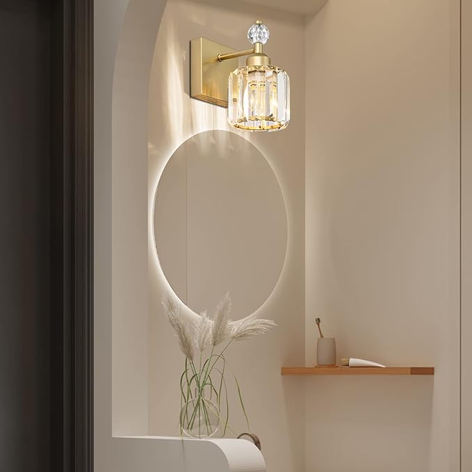 PRESDE Single Crystal Wall Sconce, Modern Gold Vanity Light Fixture, 1-Light - Image 3