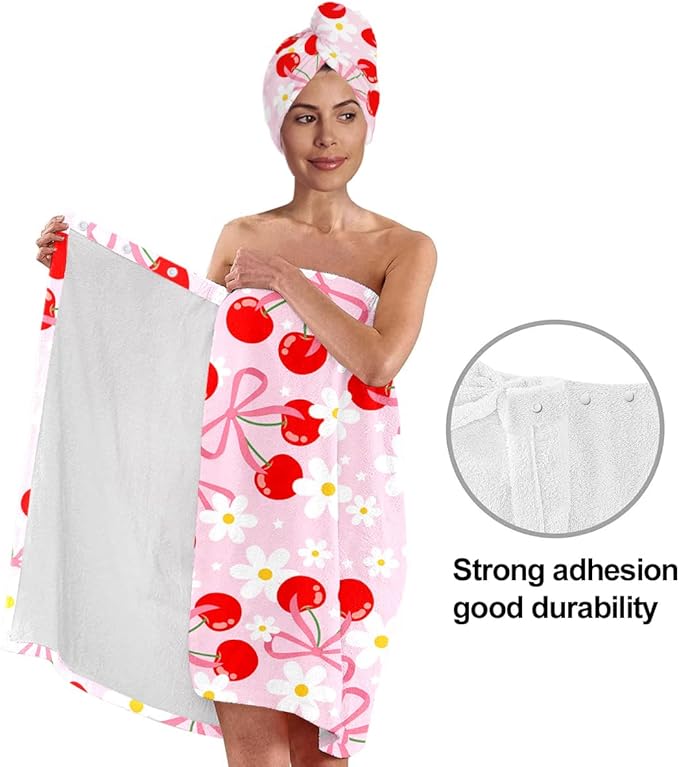 Cherry Bath Wrap with Matching Hair Drying Cap – Soft Microfiber Lightweight - Image 3