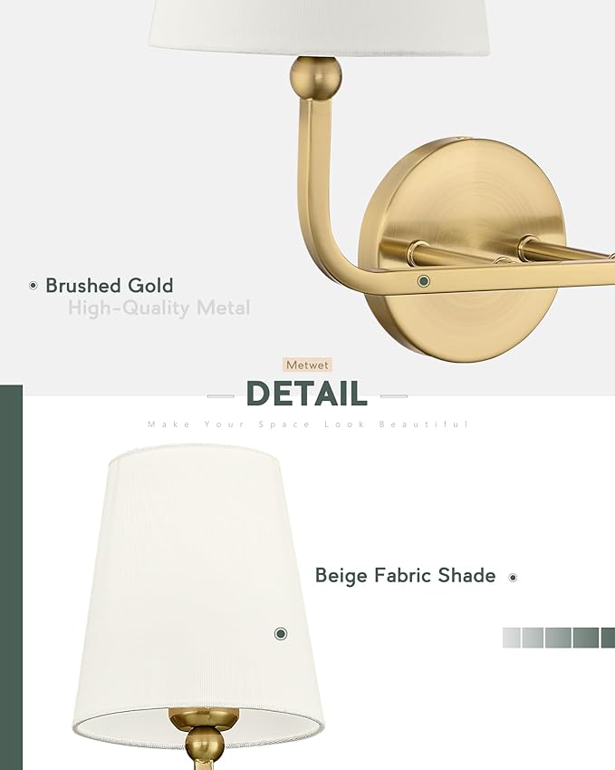 2 Light Bathroom Light Fixtures, Brushed Gold Vanity Lights, Double Wall Sconce - Image 4