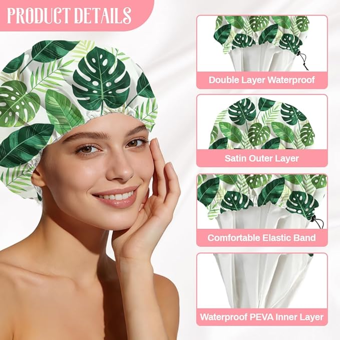 Tropical Leaves Reusable Shower Cap Green Monstera Double Layer Waterproof - Image 3
