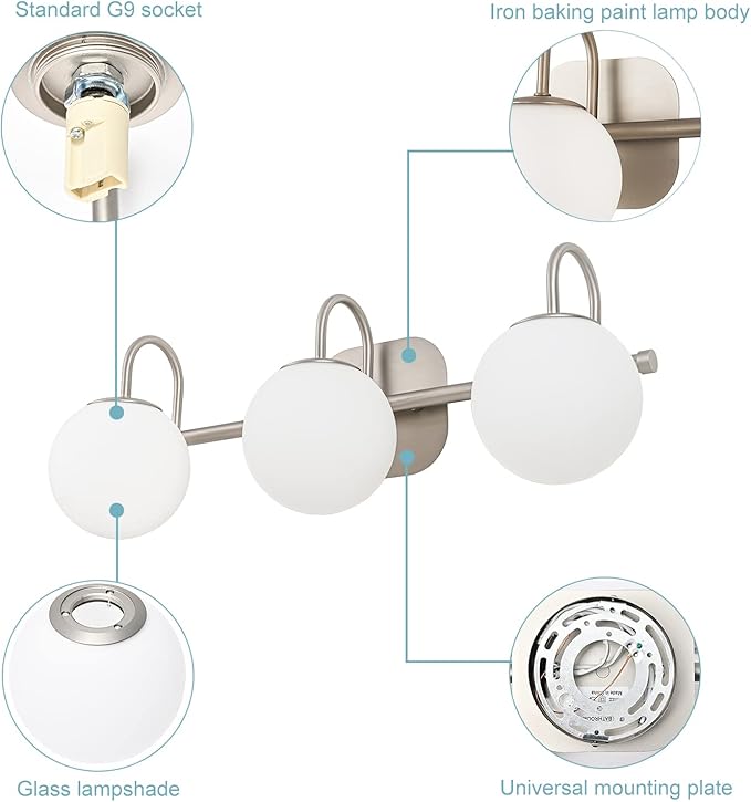 Brushed Nickel Bathroom Vanity Light Fixtures 3 Lights Milk White Glass Globe - Image 5