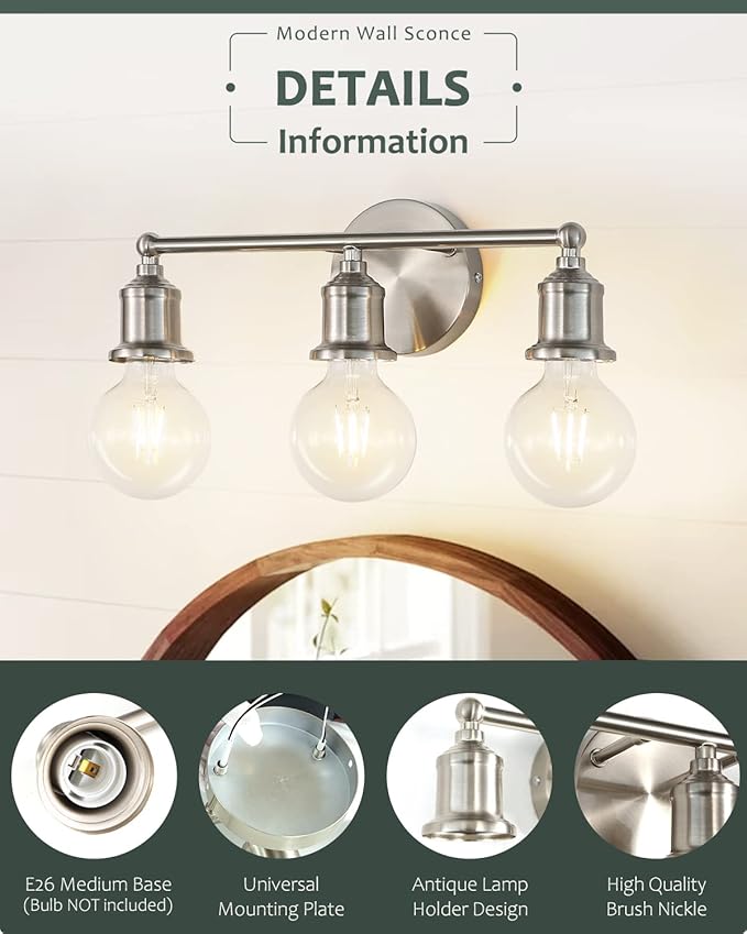 3-Light Vanity Light Fixture, Modern Brushed Nickel Wall Sconce Light Fixture - Image 2