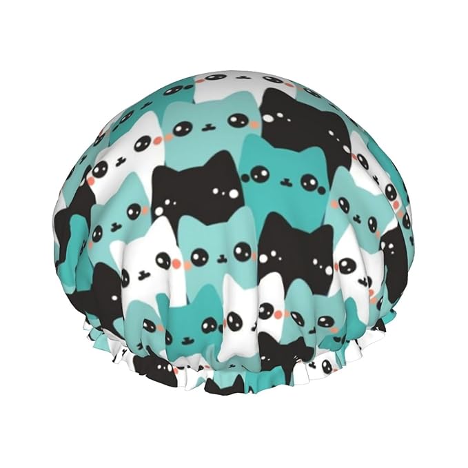 Cat Pattern Shower Cap For Women Reusable Waterproof Double Layers Bath Cap by YUZEKABZ