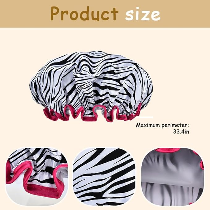 Vintage Zebra Print Shower Cap for Women Reusable Waterproof Large Adjustable - Image 2