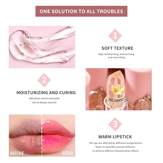 BestLand 3 Pcs/Set Flower Jelly Lipstick Set Temperature Change Moisturizer - Image 9