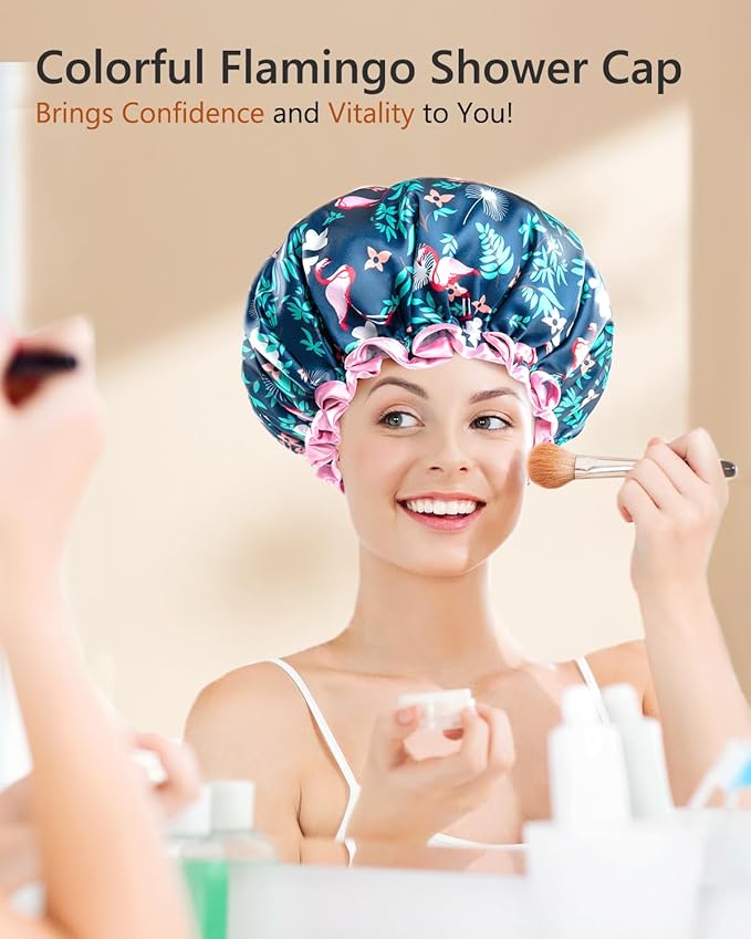 mikimini Large Shower Cap for Women Long Hair, 2 Pack, Flamingo Shower Caps - Image 6